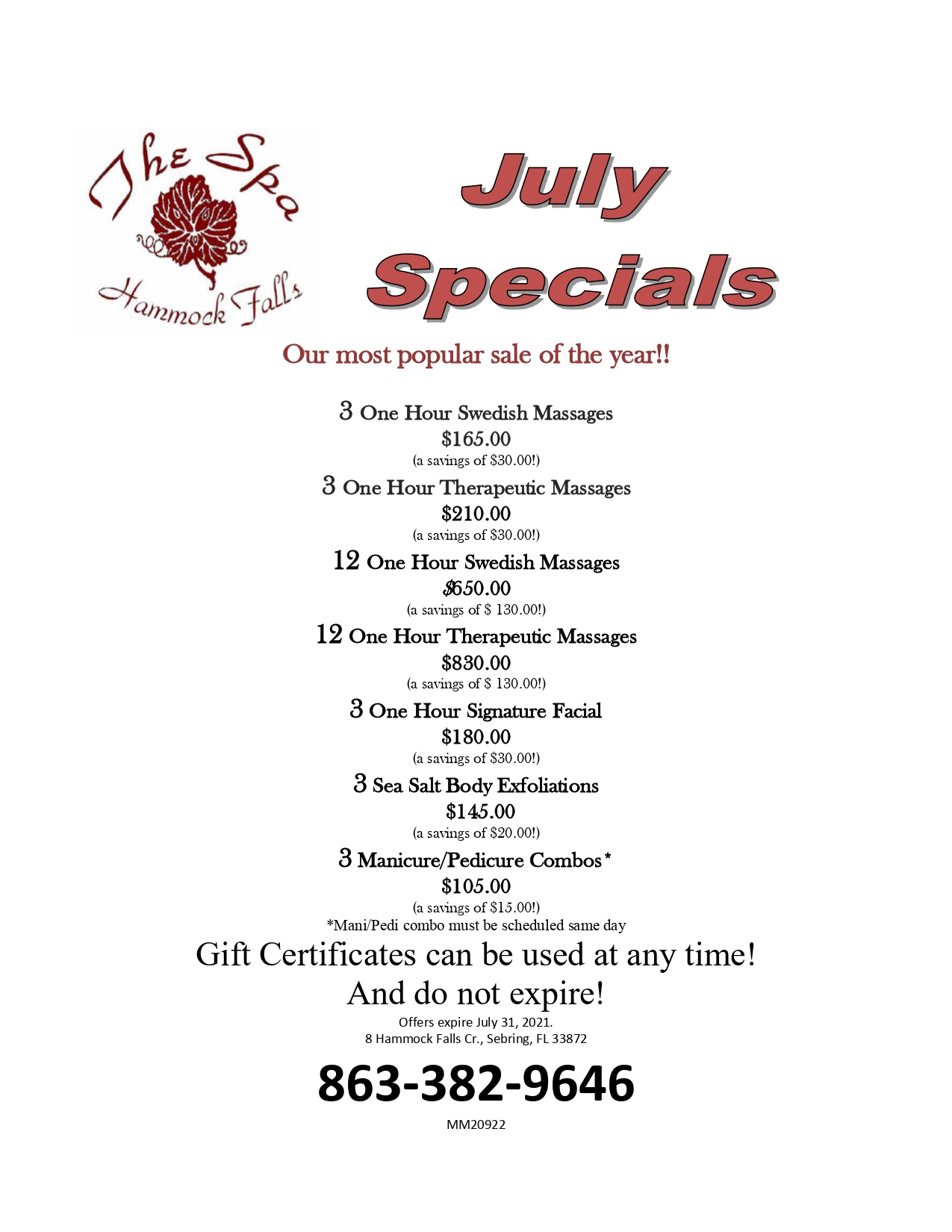 July 2021 Specials. Please call us for reading assistance.  (863) 382-9646