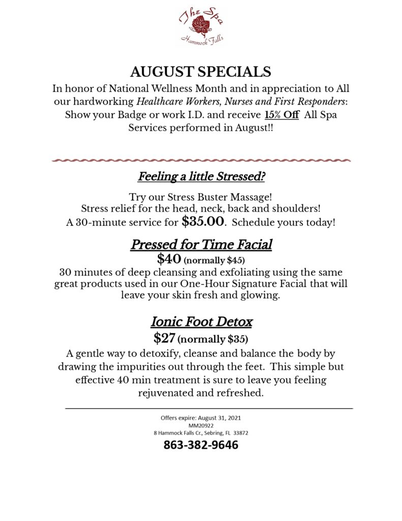 Specials are available over the phone. Please call us (863) 382-9646