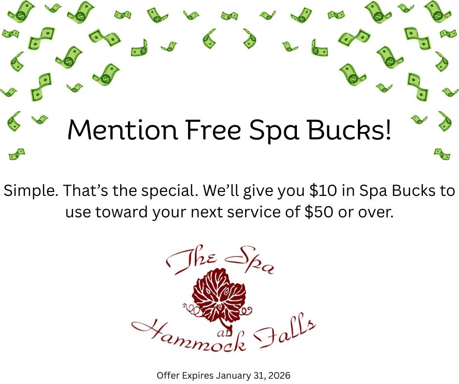 We’ll give you $10 in Spa Bucks to use toward your next service of $50 or over.